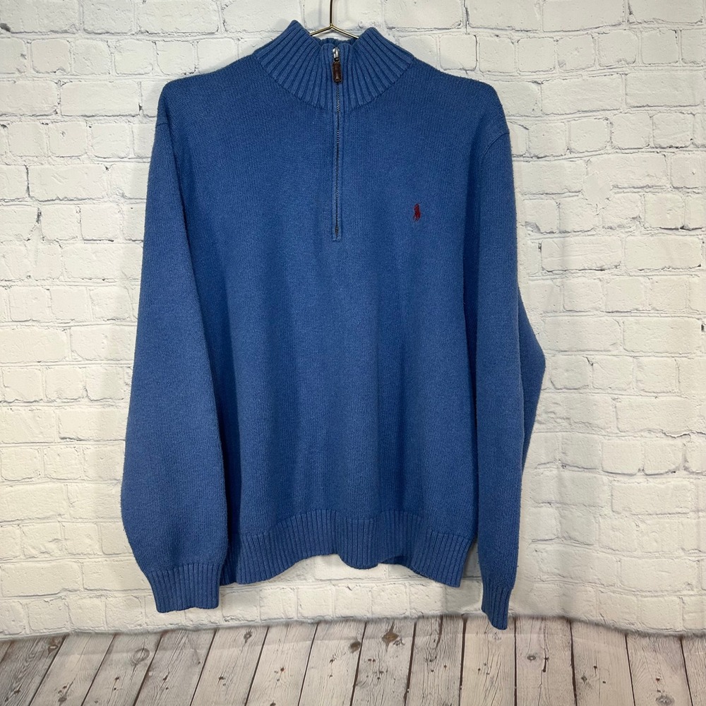 Polo Ralph Lauren Mens XL Blue Cotton Quarter Zip Pullover Sweater Pony Logo